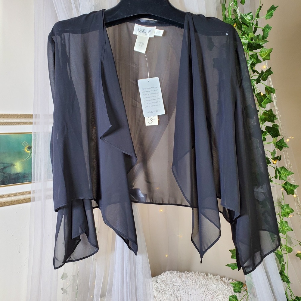 Eliza J Chiffon Cardigan Shrug Womens Size L Black Open Long Sleeve NWT $59